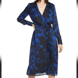 Equipment Women's Blue V-Neck Cherylene Floral Midi Tie-Waist Wrap Dress Size 4.